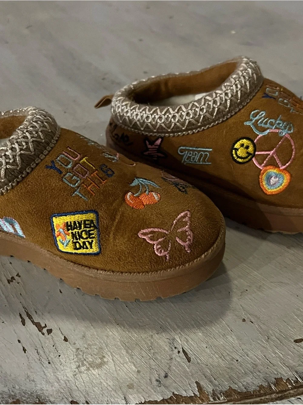 Kids Cozy Brown Embroidered Slip-On Slippers - You Got This